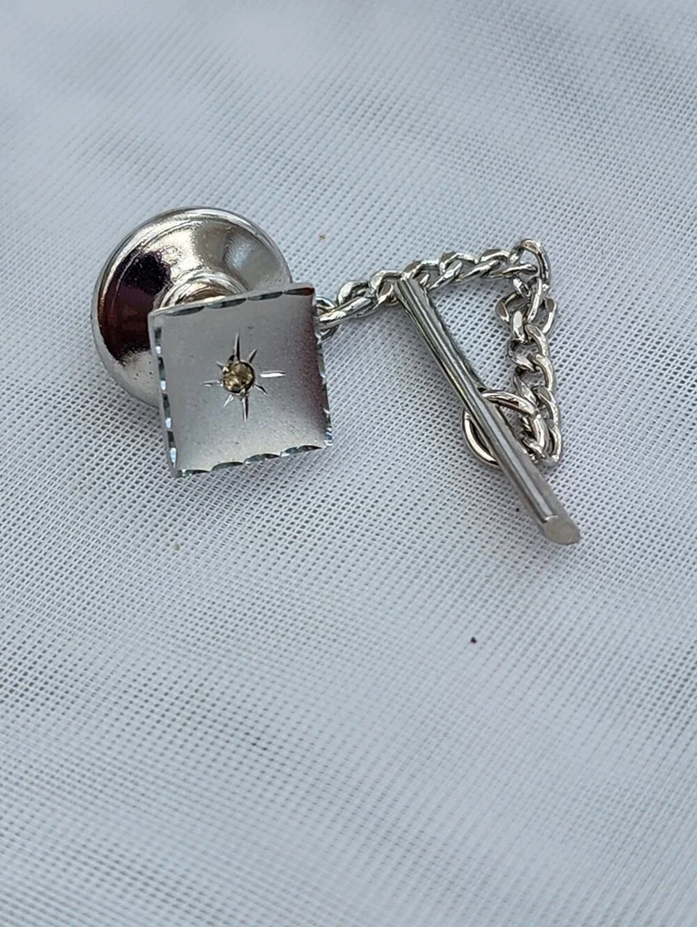 Vintage MCM Atomic Sterling Tie Tack Square Starburst Anson Small Stone Center